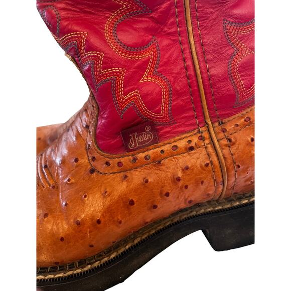Justin Women’s Ostrich Print Western Cowboy Boots - Red/Cognac (Size 7B) - Picture 4 of 8